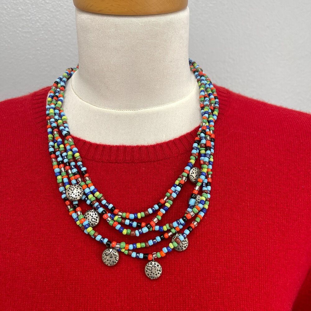 Chico's Green Blue Orange Clear Silver-tone Beaded Beads Fashion Necklace